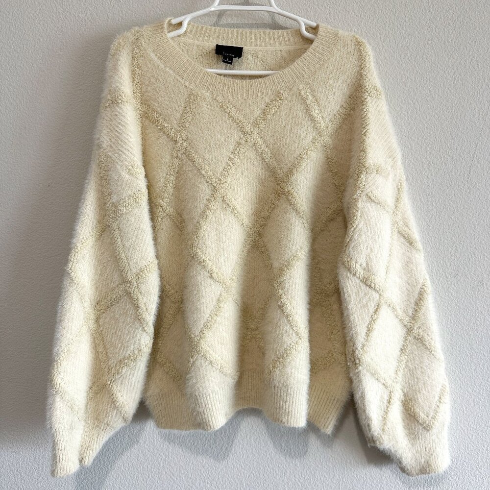 Anthropologie Lumiere Cream Argyle Fuzzy Knit Acrylic Crew Neck Sweater